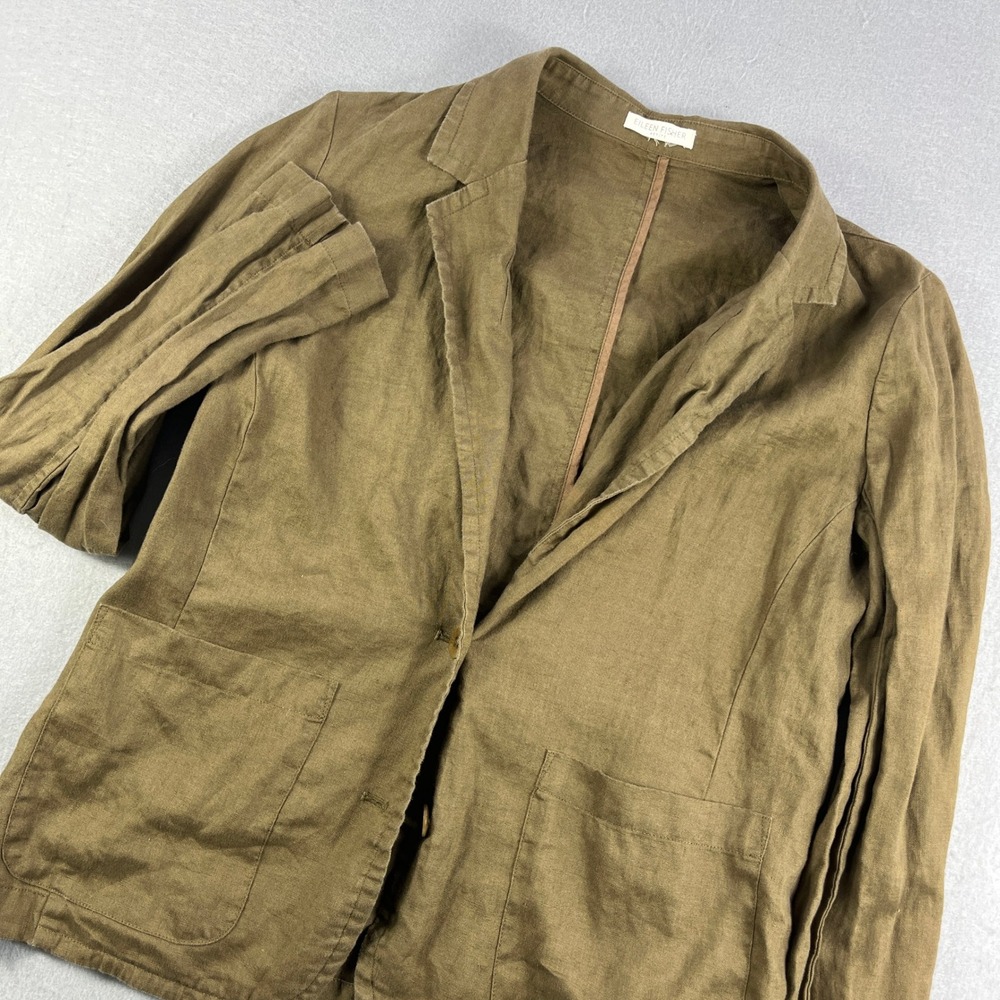 Eileen Fisher Petite Organic Linen Blazer Jacket Olive Brown 100% Linen S19RII